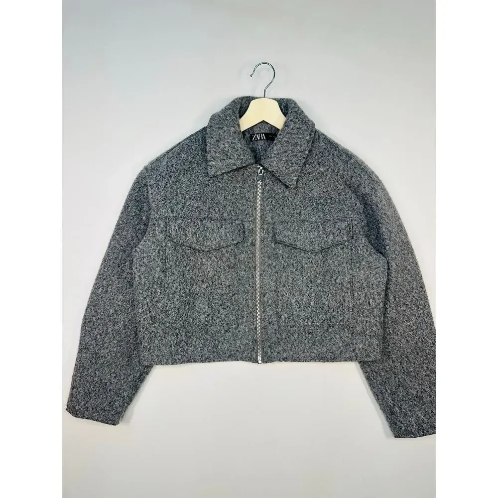 Zara Boucle Cropped Zip Front Jacket in Charcoal Gray Textured Fabric
